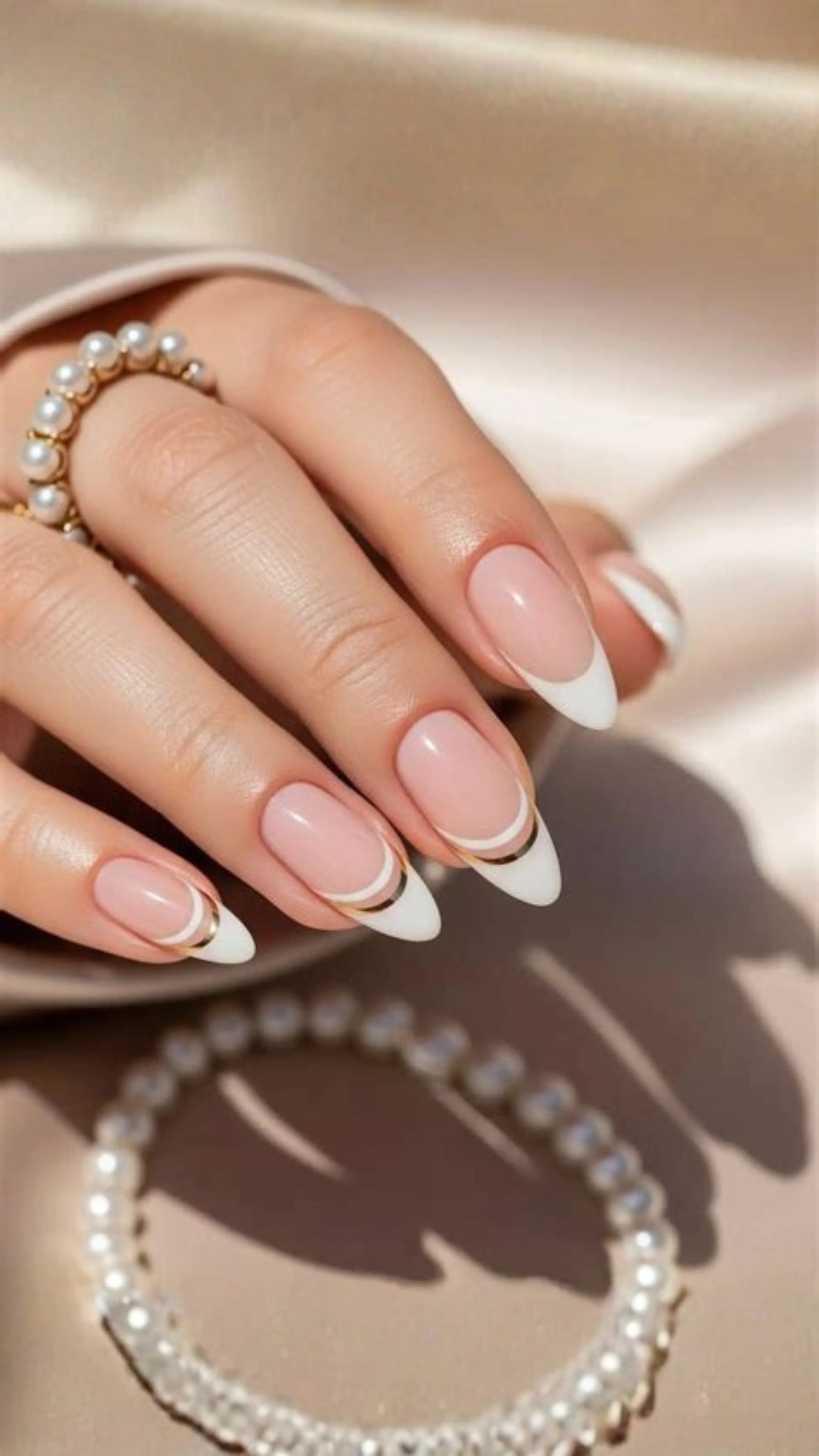 Close-up of a hand under bright, warm lighting displaying a modern French manicure on smooth, almond-shaped nails. The design features a classic nude-pink base with crisp white tips, accented by a delicate, curved gold line running parallel just below the white smile line. A white pearl bracelet and pearl ring are visible in the background against a soft beige satin fabric.