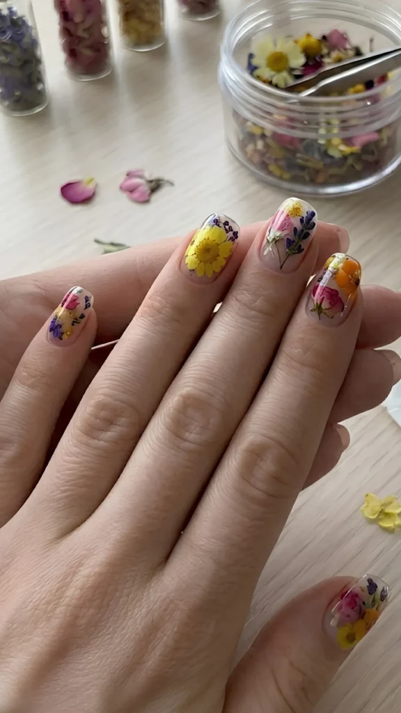 **ALT Text:**> Close-up of a person's hands displaying a delicate, romantic manicure featuring real dried flowers encapsulated within clear, glossy gel on short, squared-oval nails. Each nail is uniquely decorated with an assortment of tiny colorful botanicals, including bright yellow daisies, purple lavender sprigs, and small pink rosebuds, making the flowers look as if they are floating inside the clear nail structure. In the background on a light wooden table, an open jar of mixed dried flowers with tweezers, loose petals, and small glass vials containing dried botanicals are scattered around.