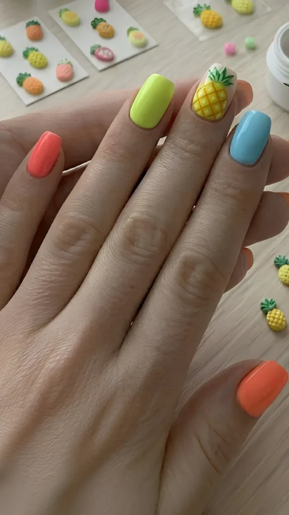 **ALT Text:** > Close-up of a person's hands displaying a colorful, tropical manicure on short, rounded nails over a light wooden table setup. The middle finger serves as an accent nail, featuring a hand-painted yellow pineapple design complete with a brown criss-cross diamond pattern and a green leafy crown at the cuticle. The remaining fingers are painted in solid, vibrant vacation-themed shades, including neon coral, electric lime green, and pastel sky blue. In the background, sheets of miniature fruit stickers and several loose, 3D pineapple charms are scattered on the table surface.