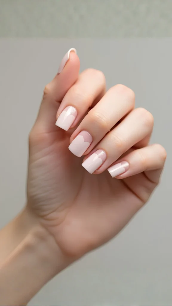 Close-up of a hand with medium-length, square-shaped nails showcasing a creative negative-space manicure. The nails feature a soft, solid pastel pink polish applied from the mid-nail down to the tips, shaped with a rounded, dip-like crescent cutoff that leaves the nail bed near the cuticles bare.