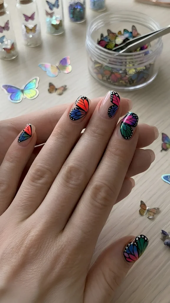 **ALT Text:**> Close-up of a person's hands displaying a vibrant butterfly-themed manicure on short, rounded nails with a glossy nude base. Each nail features detailed, hand-painted butterfly wings curving from the edges or tips. The wing designs showcase bold color gradients—such as bright orange shifting to deep blue, vivid pink to cobalt blue, and magenta shifting to emerald green—all outlined in crisp black with tiny white dots mimicking monarch butterfly wing patterns. In the background on a light wooden table, an open jar filled with colorful butterfly accents and tweezers sits alongside loose iridescent butterfly stickers and small glass vials containing nail art decorations.