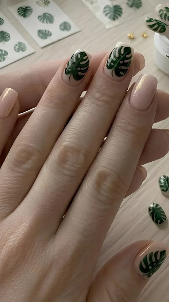 **ALT Text:**> Close-up of a person's hands displaying a lush, tropical manicure featuring monstera leaf nail art on short, squared-oval nails. The thumb, index, and middle fingers showcase a detailed, hand-painted dark green monstera deliciosa leaf design with signature cutouts over a glossy nude base coat. The remaining nails are painted in a solid, shimmering pale pink with subtle gold undertones. In the background on a light wooden table, sheets of monstera leaf stickers, loose press-on nails matching the design, and tiny gold embellishments are visible.