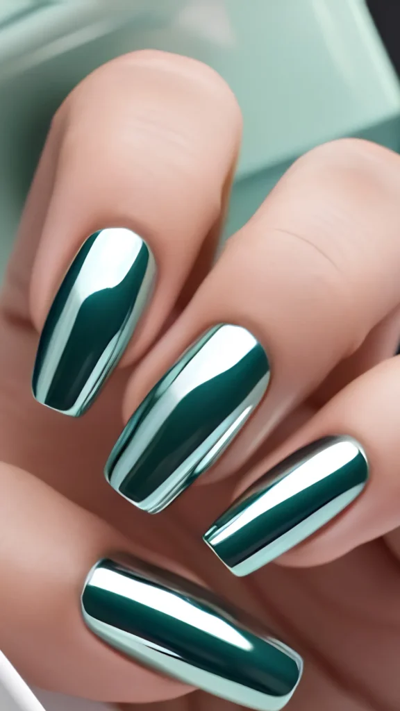 Close-up of a hand displaying a futuristic manicure on long, square-shaped nails in the file 3_4.webp. The nails feature a highly reflective, mirror-like chrome finish in a striking metallic mint-teal green shade that catches bright, glassy highlights across the smooth surfaces.
