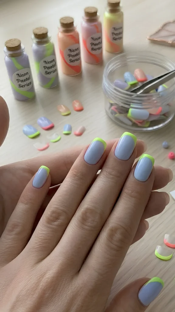 **ALT Text:**> Close-up of a person's hands displaying a modern neon-pastel French manicure on short, rounded nails. The nails feature a smooth, glossy pastel baby blue base coat paired with vibrant, electric neon lime green French tips. In the background on a light wooden table, several small glass cork-stoppered vials labeled "Neon Pastel Series" containing layered colored sands are lined up next to a clear plastic container filled with assorted colorful press-on nail tips and tweezers, with loose fake nails scattered across the surface.