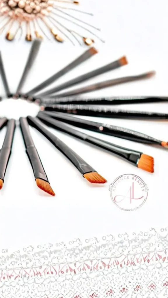 Multiple thin, black-handled makeup brushes with orange, angled bristles arranged in a fan-like circle on a white background. The focus is sharp on the foreground brushes, showcasing their precise angled tips, with a subtle "Advance Beauty AL" logo stamped on the right.