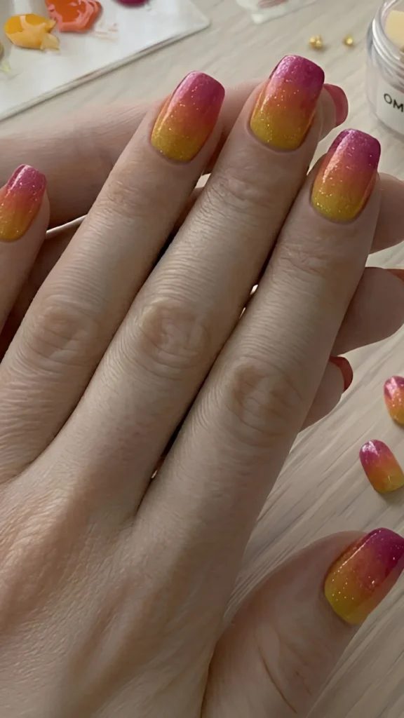 **ALT Text:**> Close-up of a person's hands showing a vibrant sunset ombré manicure on short, squared-oval nails over a light wooden table setup. Each nail features a smooth, sparkling gradient transition starting with a golden yellow base at the cuticle, blending into a warm orange in the middle, and ending with a deep fuchsia pink at the tip, all sealed with a shimmering glitter top coat. In the background, a palette with dabs of orange and yellow polish, tiny gold nail embellishments, an open jar, and matching loose press-on nails are subtly visible.