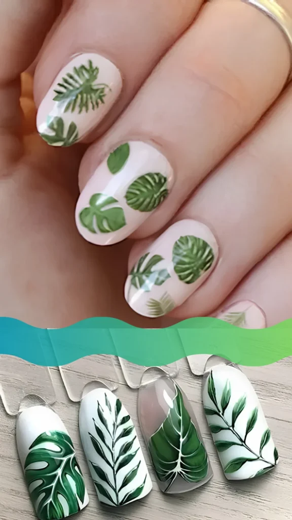 A split image in the file 4_3.webp showcasing botanical nail art. The top section shows a close-up of a hand with short, oval nails painted in a soft, pale pink base and decorated with small, detailed green Monstera leaves. The bottom section displays four detailed fake nail swatches on a wooden surface, featuring large, intricate tropical leaves—including Monstera and palm fronds—painted in deep greens and whites on clear and white bases.
