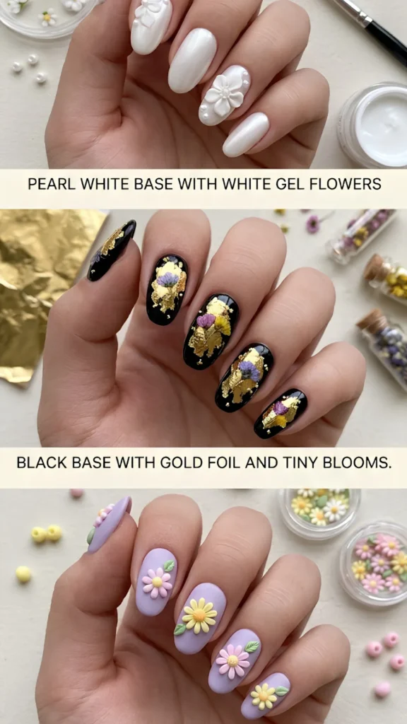 A vertical compilation of three images showcasing different 3D floral nail art designs on oval and almond-shaped nails.Top image: A hand featuring a glossy pearl-white manicure, with an accent nail decorated with a large, raised white 3D gel flower and small pearl beads.Middle image: A hand displaying a high-shine black manicure embellished with textured, metallic gold foil flakes and tiny embedded purple and yellow dried flower blooms.Bottom image: A hand showcasing a matte lavender manicure adorned with playful, raised 3D pastel pink and yellow daisies with tiny green leaves.