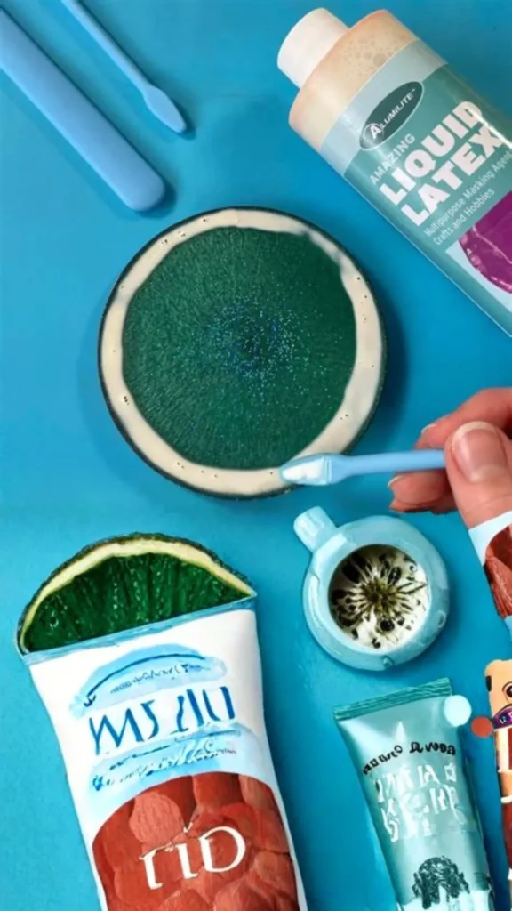 Top-down view of a hand using a small blue tool to apply white liquid latex around the circular edge of a dark green craft project on a bright blue background. Nearby art supplies include a bottle of "Alumilite Amazing Liquid Latex," tubes of craft paste, and tiny ceramic containers.