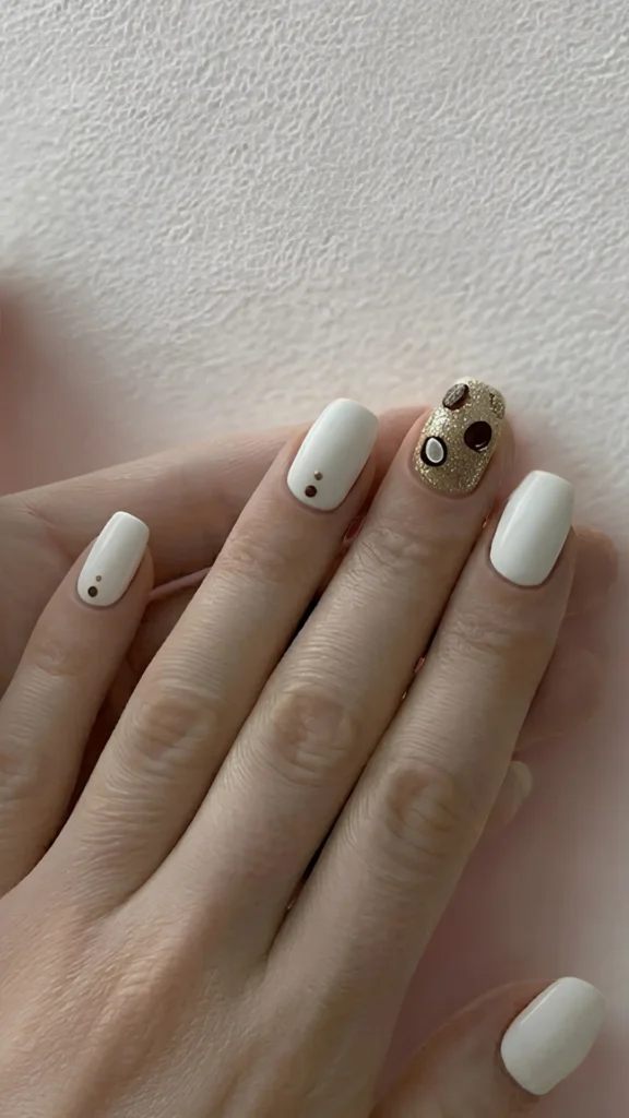 **ALT Text:**> Close-up of a person's hands displaying a minimalist coffee-themed manicure on medium-length, squared-oval nails against a soft pink and white background. The thumb, index, ring, and pinky fingers are painted in a solid, opaque creamy white polish, with the pinky and ring fingers featuring two tiny, vertically aligned dark brown dots near the cuticle line. The middle finger serves as an accent nail, coated in a textured, shimmering gold glitter polish and adorned with realistic 3D coffee bean charms and a small white coffee cup decal.