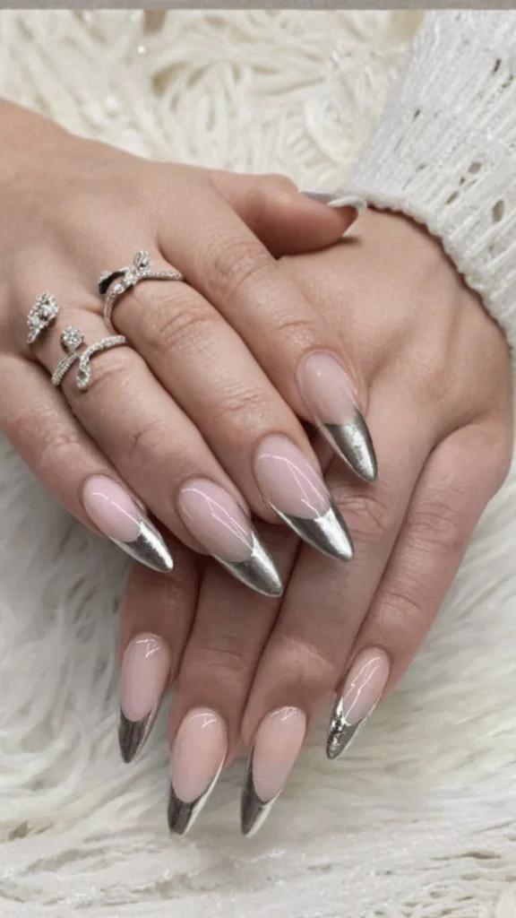 Close-up of a person's hands resting together to display a striking metallic French manicure on long, sharp stiletto-shaped nails. The design pairs a glossy, semi-sheer nude base with reflective, mirror-like silver chrome tips. The fingers are decorated with delicate silver rings against a textured white knit sweater and soft faux fur background.