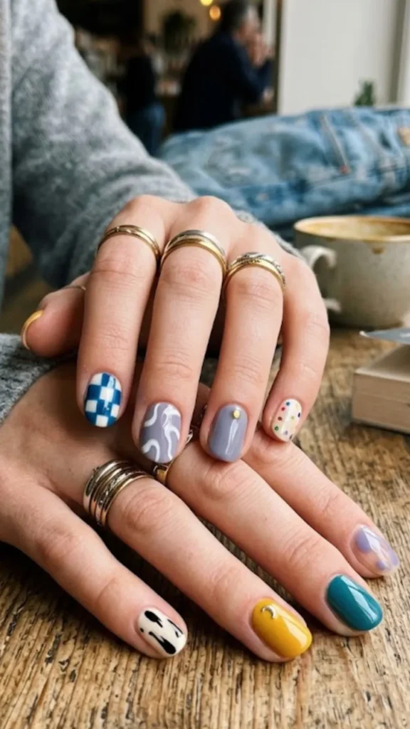 Close-up of a person's hands resting over a wooden table, showcasing a glossy "chaos nails" mismatched manicure on short, rounded nails. Each nail features a completely unique design within a cohesive color palette: patterns include a blue and white checkerboard, abstract white swirls on a lavender base, a solid slate gray nail with a tiny gold stud, colorful confetti dots on an off-white base, abstract black drips on a cream base, a solid mustard yellow nail with a tiny gold crescent moon, and a deep teal accent. Multiple stacked gold and silver rings adorn the fingers against a cozy, blurred cafe background.