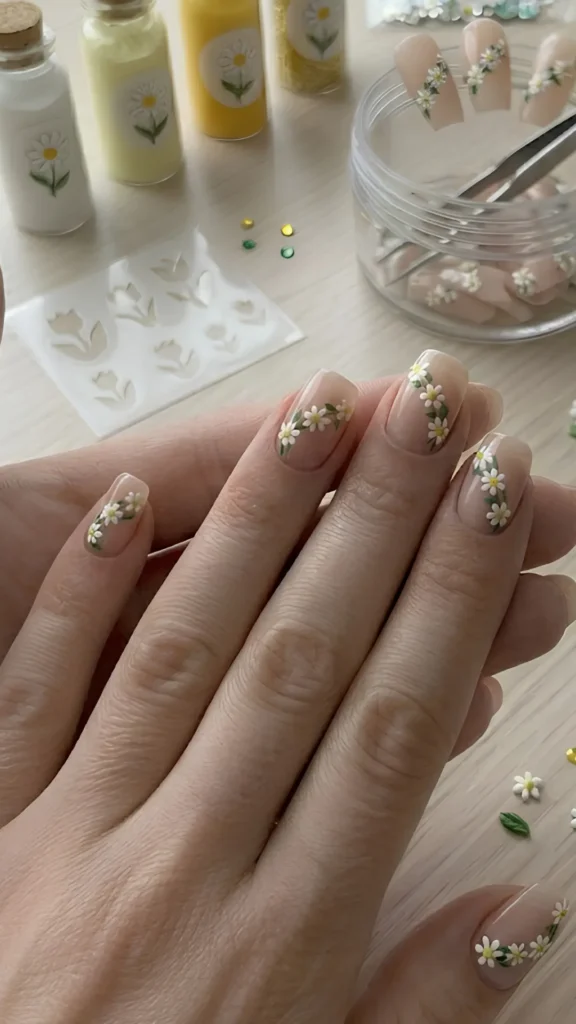 **ALT Text:**> Close-up of a person's hands displaying a delicate daisy chain manicure on medium-length, squared-oval nails with a glossy, sheer nude base. Each nail features a hand-painted trail of tiny white daisies with yellow centers, connected by small green leaves. The flower chains curve elegantly across the nails, creating a continuous vine effect across the fingers. In the background on a light wooden table, four small glass bottles decorated with daisy illustrations are lined up next to a clear plastic tub filled with daisy-themed press-on nails, a white flower stencil sheet, and small loose flower sequins.