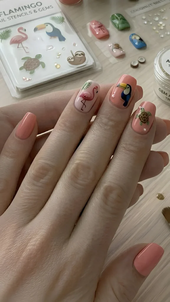 **ALT Text:**> Close-up of a person's hands displaying a playful, tropical-themed animal manicure on short, rounded nails over a light wooden table setup. The nails feature a mix of glossy peachy-pink and soft coral base colors. Each accent nail is adorned with detailed tropical illustrations: a pink flamingo with a green palm leaf on the index finger, a black and blue toucan on the middle finger, and a brown sea turtle on the ring finger. In the background, a sheet of "FLAMINGO NAIL STENCILS & GEMS" displaying matching stickers of a flamingo, toucan, turtle, and sloth is visible alongside loose press-on nails, tiny gems, and a jar of acrylic powder.