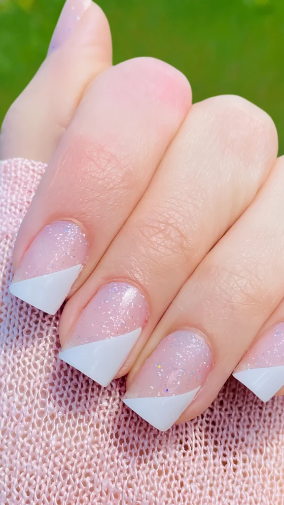 Close-up of a hand with long, square-shaped nails showcasing a modern, asymmetrical French manicure. The design features a sheer, pale pink base layer dusted with fine iridescent glitter, accented by crisp white tips painted at a sharp, diagonal angle across the edge of each nail. The hand rests against a soft, pink textured knit fabric.