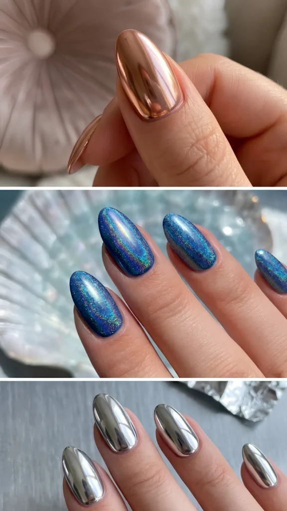 A vertical compilation of three images showcasing different futuristic metallic manicure finishes on long, oval almond-shaped nails.Top image: A close-up of a thumb featuring an ultra-glossy, highly reflective rose gold chrome finish with a flawless mirror-like shine.Middle image: A hand displaying a vibrant blue holographic manicure with a mesmerizing cat-eye or linear holo shimmer that shifts into green and gold tones under the light, set against a seashell background.Bottom image: A hand showcasing a liquid-silver mirror chrome manicure with crisp, high-contrast metallic reflections across every nail surface.