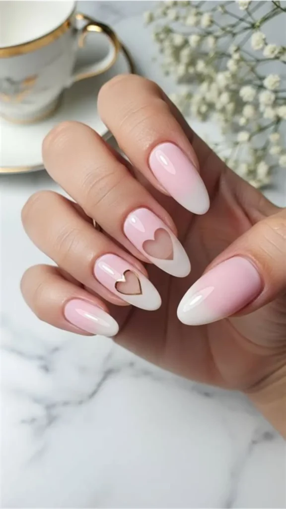Close-up of a hand showcasing a modern bridal manicure with long, almond-shaped nails. The design features a soft pink-and-white ombré effect, except for the middle and ring fingers, which have wide white tips framing a negative-space heart cutout in the center. In the background, a white and gold teacup and delicate baby's breath flowers rest on a marble surface.