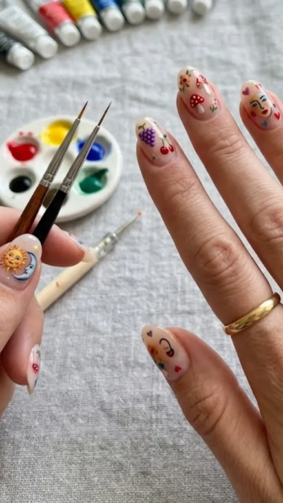 Close-up of hands displaying an intricate micro nail art manicure on long, oval-shaped nails with a sheer nude base. Each nail features a different miniature hand-painted design: a sun and crescent moon on the thumb, a bunch of purple grapes and red cherries on the index finger, a red polka-dot mushroom and flowers on the middle finger, a small portrait face surrounded by tiny hearts on the ring finger, and a happy face with a heart on the pinky. The left hand holds two ultra-fine detail nail art brushes over a textured grey fabric background, where a small paint palette, a dotting tool, and paint tubes are visible.