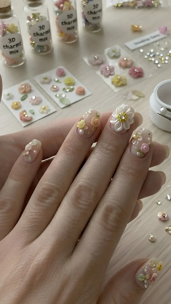 **ALT Text:**> Close-up of a person's hands displaying a textured, 3D floral manicure on medium-length, squared-oval nails with a glossy, sheer nude base coat. The middle finger serves as an accent nail, featuring a large, raised white resin flower charm with a textured golden gemstone center. The remaining nails are adorned with smaller 3D charms, including pastel pink, yellow, and peach rosebuds, tiny green leaves, and small pearl beads resembling dewdrops. In the background on a light wooden table, four cork-stoppered glass vials labeled "3D charm mix" stand next to sheets of floral decals, loose rhinestones labeled "Dewdrop Gems", and a white container with tweezers.