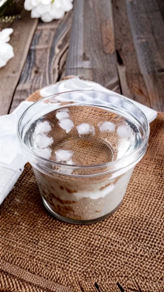 A clear glass bowl filled with water and floating ice cubes sits on a brown burlap place mat. The bowl is placed on a rustic wooden table with white flowers and an ice cube tray visible in the background.