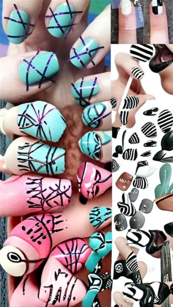 A split-screen montage displaying various nail art design techniques. The left side showcases teal and pink manicures overlaid with crisscrossed striping tape and graphic black lines. The right side features black-and-white patterned nails, including stripes and checkerboard designs, with one frame illustrating scotch tape being applied over a nail.