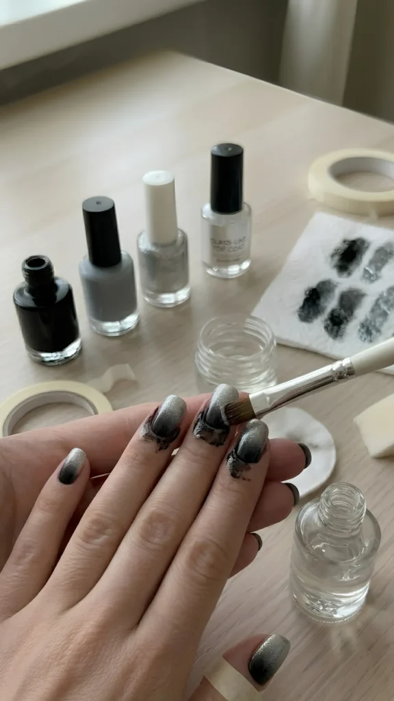 Close-up of a hand undergoing clean-up during a black-to-silver ombré manicure on short, rounded nails over a light wooden table setup. Excess black nail polish has flooded the cuticles and surrounding skin of the middle and ring fingers. A flat, clean-up nail art brush held in the right hand is being used to clear away the messy polish around the cuticle area. In the background, open bottles of black, gray, and silver glitter nail polish are lined up with top coats, rolls of nail tape, a paper towel stained with black and gray test dabs, and a small glass bottle of liquid.