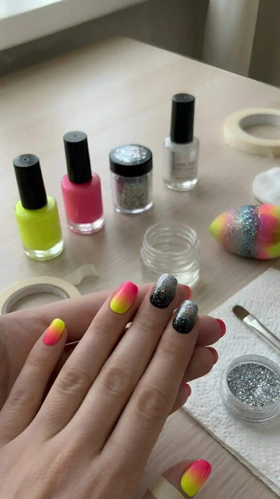 Close-up of a person's hands displaying two different vibrant ombré manicure styles on short, rounded nails over a light wooden table setup. The thumb, index, and middle fingers feature a bright neon gradient shifting from electric yellow at the cuticle to hot pink at the tip. The ring and pinky fingers feature a dark gradient shifting from a solid black base to a sparkling silver glitter tip. In the background, bottles of neon yellow and hot pink nail polish, a jar of loose silver chunky glitter, a bottle of top coat, rolls of nail tape, a clean-up brush, and a colorful egg-shaped makeup sponge are neatly arranged.