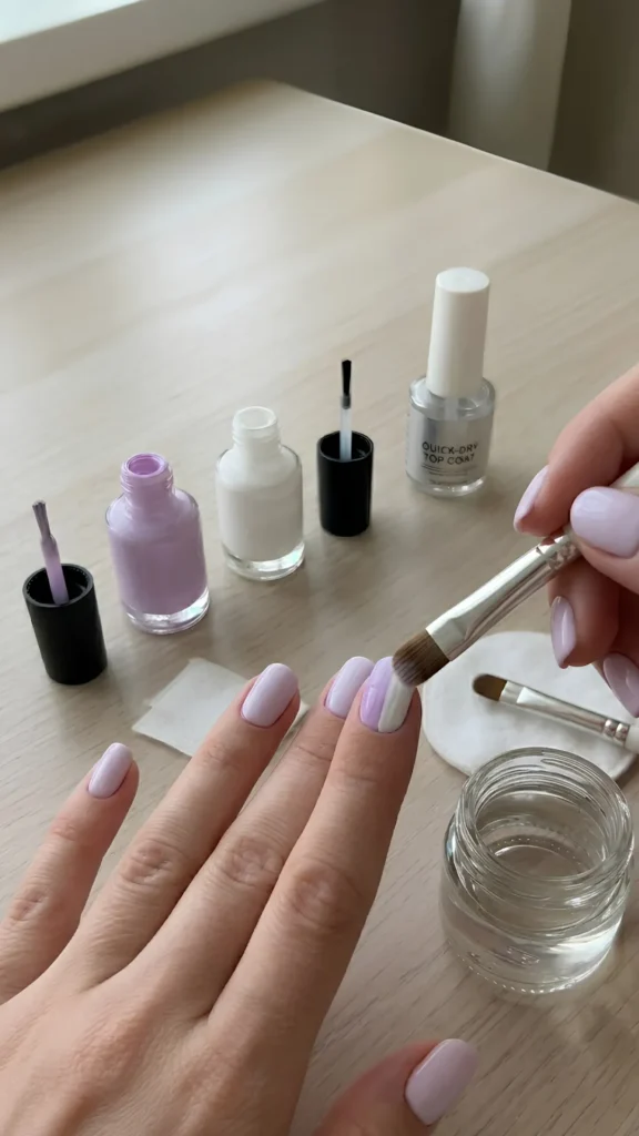 Close-up of a person's hand demonstrating how to create an ombré manicure using the brush-blending method on a light wooden table. The left index finger features a nail painted with two distinct vertical blocks of color: lavender on the left half and white on the right half. The right hand holds a clean, flat nail art brush with brown bristles, using it to gently blend the two wet polishes along the center line. In the background, open bottles of lavender and white nail polish, an open bottle of quick-dry top coat, a clean-up brush, a cotton round, and a small glass jar of liquid are neatly arranged.