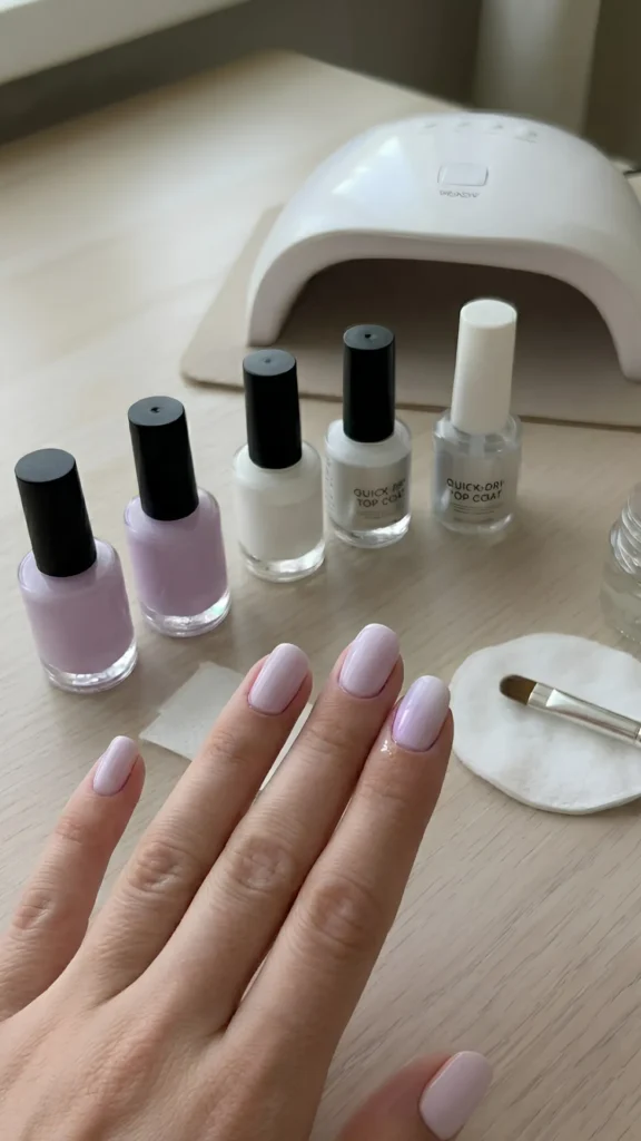Close-up of a person's hand showing a completed glossy lavender manicure on short, rounded nails over a light wooden table setup. Arranged in the background are five bottles of nail polish and top coats, a white UV/LED gel nail curing lamp, a clean-up brush resting on a cotton round, and a lint-free wipe, illustrating the tools used for a gel ombré manicure.