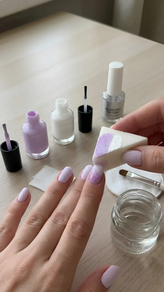 Close-up of a person's hand demonstrating how to create an ombré manicure on a light wooden table. The right hand holds a white triangular wedge sponge loaded with slightly overlapping stripes of lavender and white nail polish. The sponge is being bounced onto the tip of the left index finger to create a blended gradient effect over a glossy pale purple base. In the background, open bottles of lavender and white nail polish, an open bottle of quick-dry top coat, a clean-up brush, a cotton round, and a small glass jar of liquid are neatly arranged.