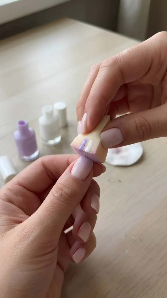 **ALT Text:**> Close-up of a person's hands demonstrating how to create an ombré manicure. The right hand holds a triangular makeup sponge that has small, thin lines of lavender and white nail polish painted onto the edge. The sponge is being gently dabbed onto the tip of the left thumb, which has a glossy, pale pink base coat. In the blurred background on a light wooden table, an open bottle of lavender polish and two bottles of white polish are visible.