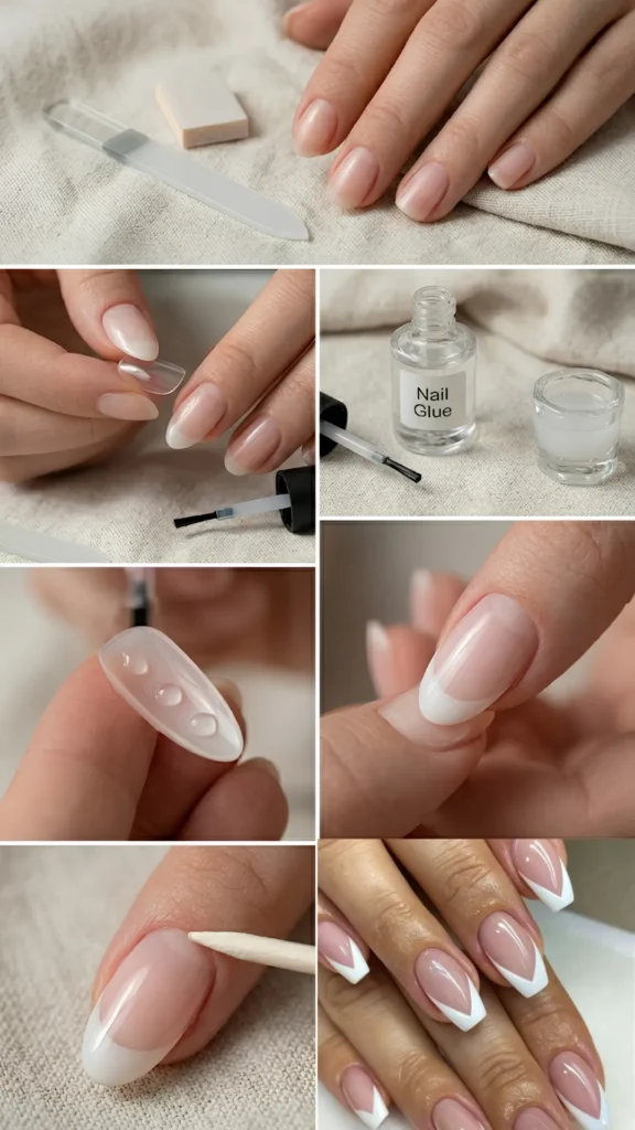 A multi-panel step-by-step tutorial showing the application of press-on nails. The panels illustrate prepping the natural nail with a file, sizing clear nail extensions, applying liquid nail glue, firmly pressing down the tip, refining the cuticle line with a wooden stick, and a final view of a glamorous manicure featuring long oval nails with a sharp, geometric white V-shaped French tip.