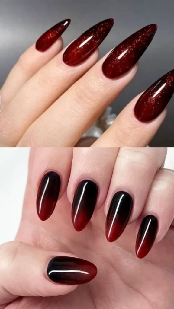 A two-panel image displaying sultry red and black nail designs. The top panel features long, sharp stiletto nails painted in a deep, glossy crimson red infused with shimmering micro-glitter. The bottom panel showcases almond-shaped nails with a dramatic, seamless ombre gradient that fades from a stark midnight black at the cuticles to a rich blood red at the tips.
