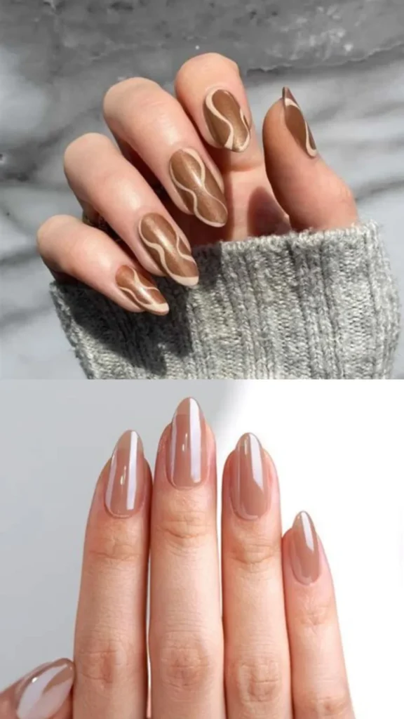 A two-panel image showcasing minimalist brown manicures. The top panel features almond-shaped nails with a medium brown base decorated with abstract, flowing wavy lines in a cream color. The bottom panel displays a clean, elegant look with glossy, semi-translucent taupe-brown monochrome polish on almond nails.