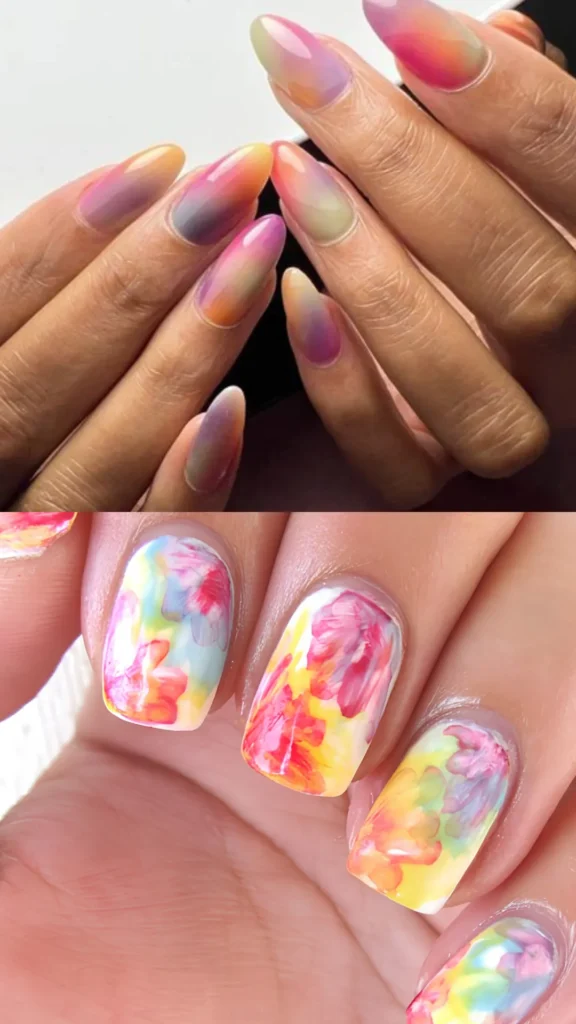 A two-panel image showcasing colorful abstract painting effects on nails. The top panel features almond-shaped nails with a translucent, multi-colored aura tie-dye effect blending soft hues of purple, yellow, and magenta. The bottom panel displays square nails with textured, thick brushstroke nail art in vivid shades of pink, yellow, blue, and green on a white base, resembling a mini watercolor canvas.