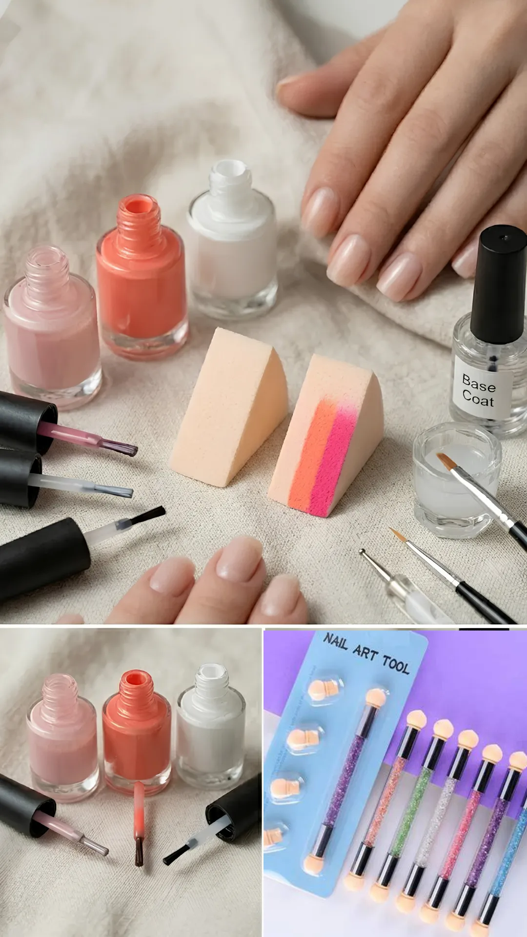 A split-panel image showing the preparation and tools needed for ombre nail art. The top panel displays a makeup sponge painted with parallel horizontal stripes of coral orange and hot pink polish alongside bottles of nude, orange, white, and base coat polishes. The bottom panel focuses on cleanup tools, including cotton buds, nail polish remover, cleanup brushes, and a dotting tool.