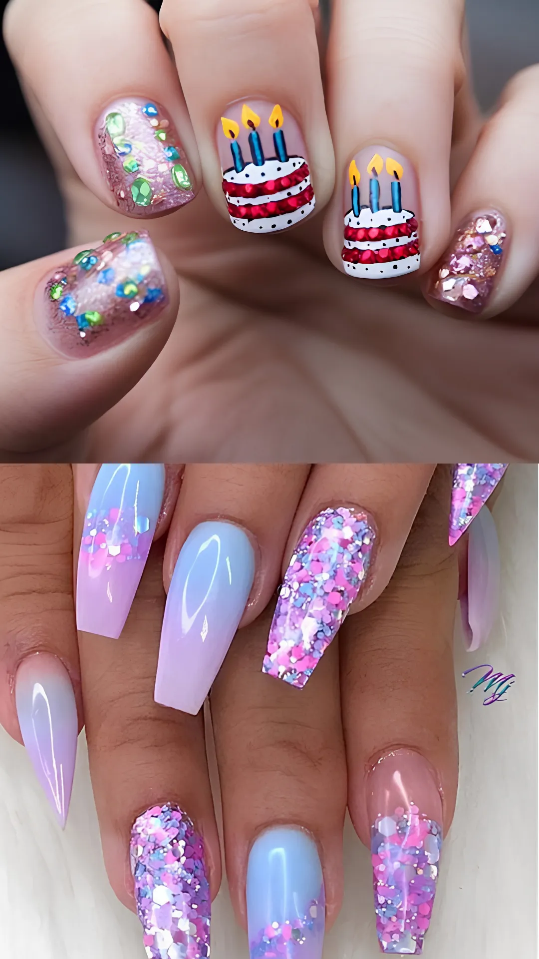 Festive birthday nail art featuring hand-painted white and red frosted birthday cakes with three lit blue candles on the middle fingers, paired with dazzling multicolor rhinestones and glitter on the accent nails.