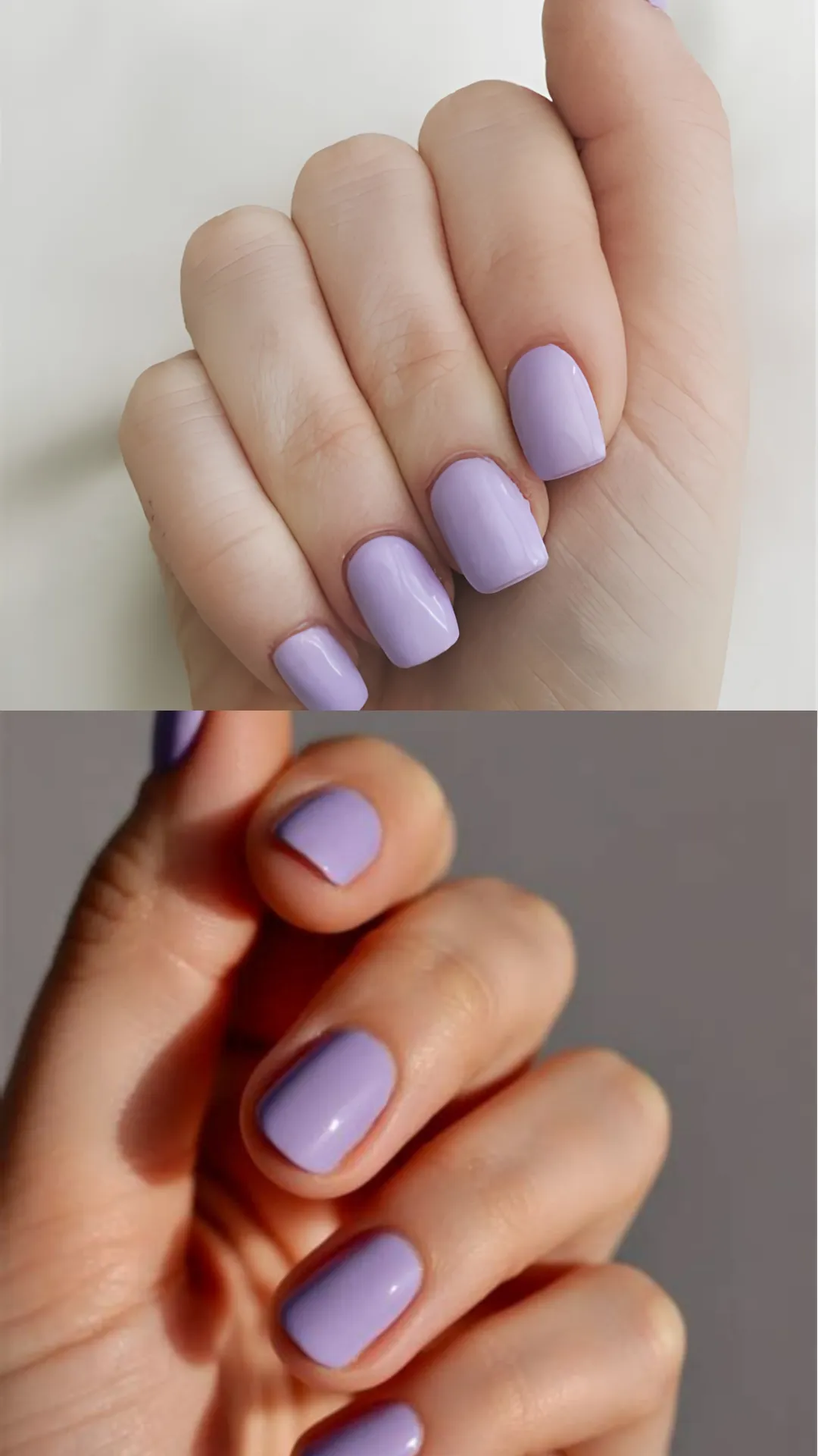 A close-up showing a chic, minimalist manicure featuring glossy, solid pastel lavender nail polish on neatly shaped short square nails.