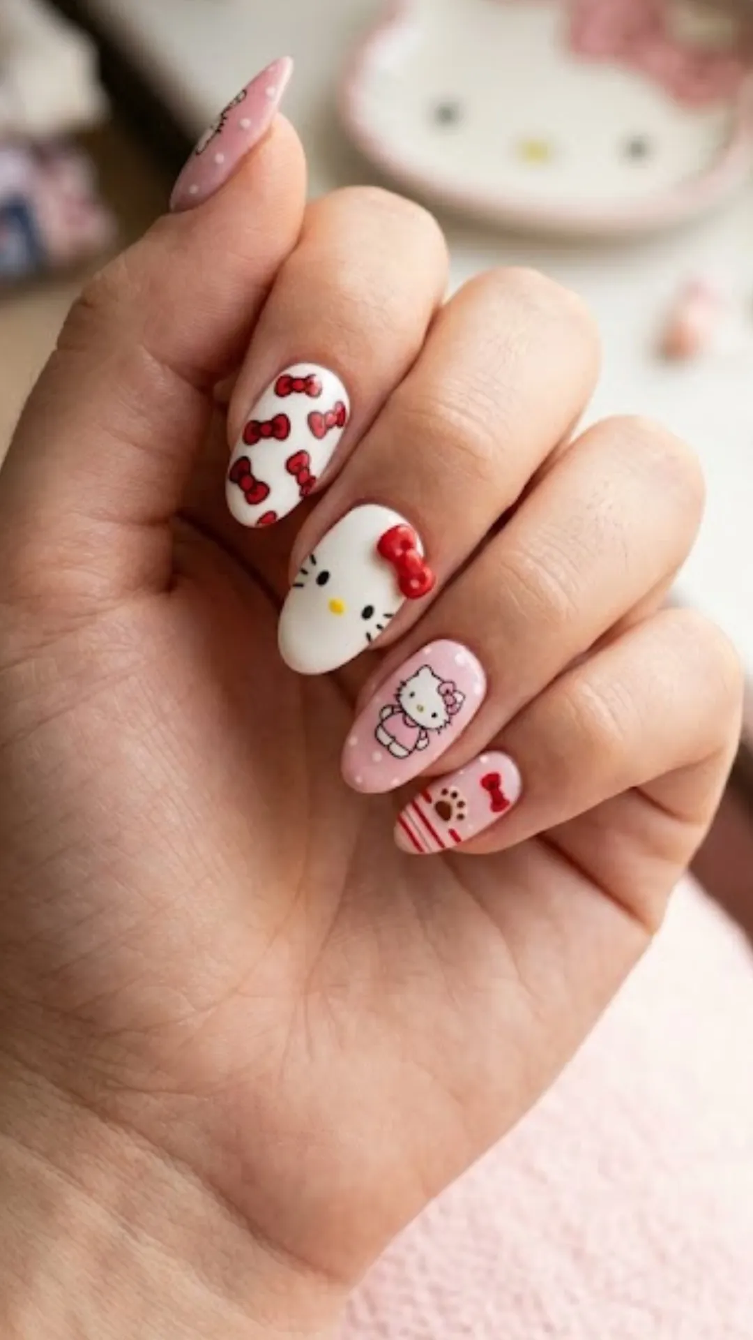 A close-up of a hand showcasing Hello Kitty themed nail art on almond-shaped nails. The design features a 3D red bow charm, painted Hello Kitty faces, scattered red bows on a white base, and pink polka dot accent nails.