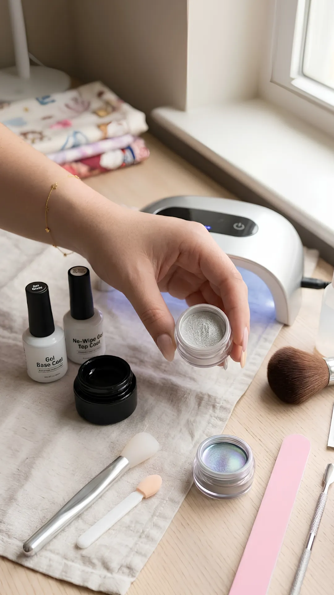 A flat lay showing essential tools for a DIY chrome manicure layout, including a UV/LED nail lamp, gel base coat, black gel polish, bottles of rubbing alcohol, a jar of fine silver chrome powder, a silicone applicator, and a nail file.