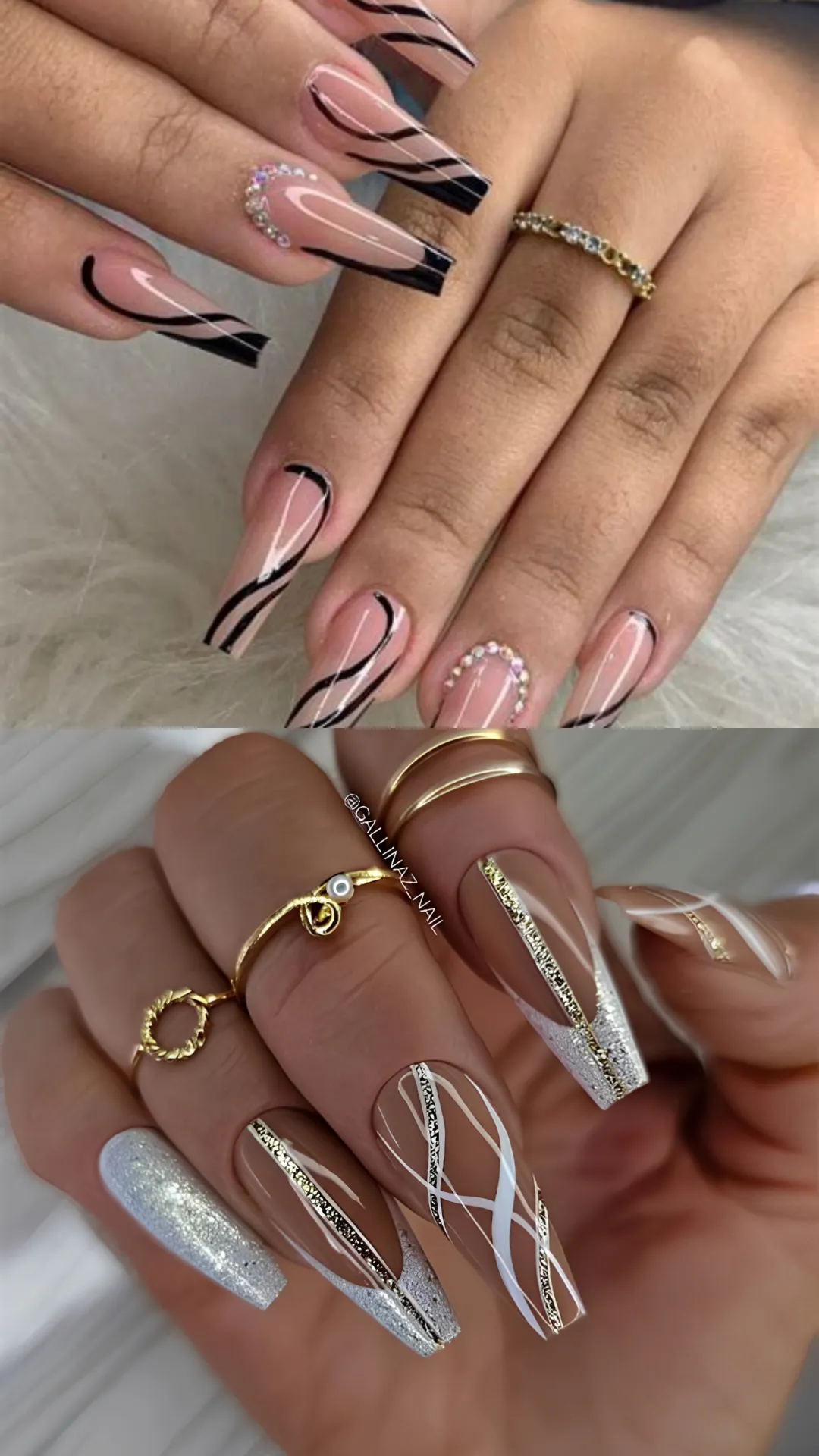 A two-panel nail art showcase; the top features long coffin nails with a nude base, abstract black wavy lines, and delicate rhinestone accents along the cuticle line. The bottom features extra-long square nails with a warm brown base decorated with intricate white swirls, silver glitter blocks, and metallic gold striping tape.