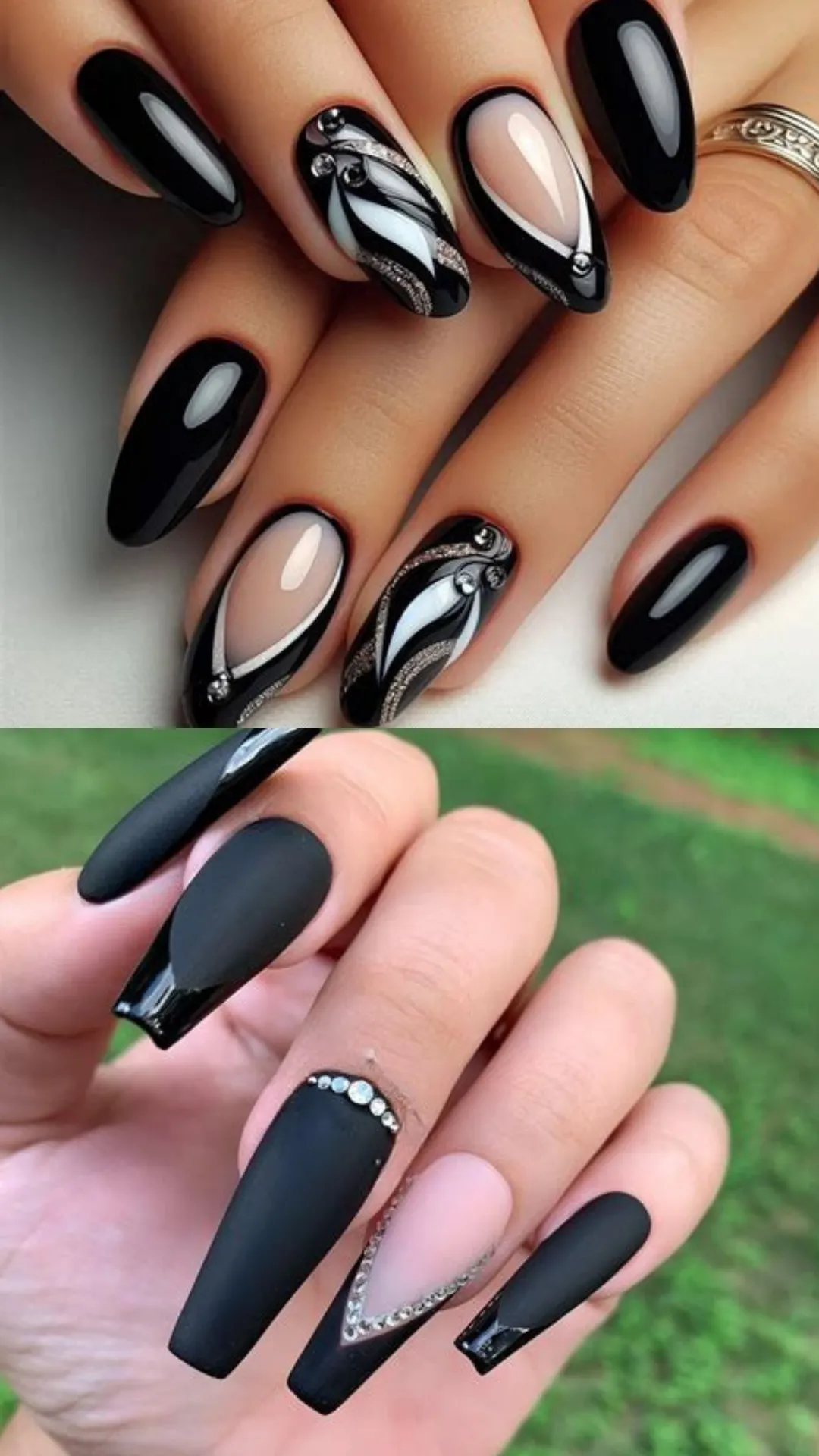 Daring black nail designs showing glossy oval nails with intricate black and white swirl art and silver glitter lines on top, contrasted with long matte black coffin nails featuring glossy French tips and sparkling rhinestone lines below.