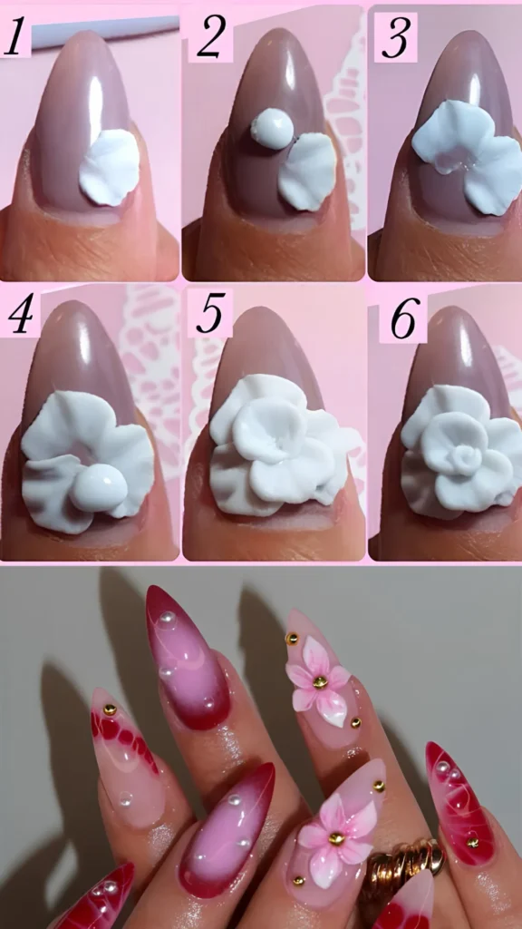 A grid layout showing a 6-step tutorial for sculpting white acrylic flowers on almond-shaped nails, followed by a bottom image showcasing a finished manicure with long stiletto nails featuring pink-and-red gradient designs, pearls, gold studs, and detailed 3D pink flowers.
