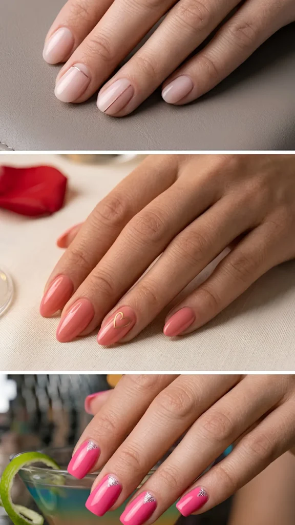 A stacked trio of minimalist nail designs. Top panel: Ultra-sheer, pale nude-pink nails featuring a crisp, single vertical metallic line down the center of each finger. Middle panel: Polished glossy coral-pink almond nails with a minimalist gold wire heart outline on the ring finger. Bottom panel: Vibrant fuchsia-pink square nails decorated with a sparkling triangle of textured silver glitter at the cuticle base.