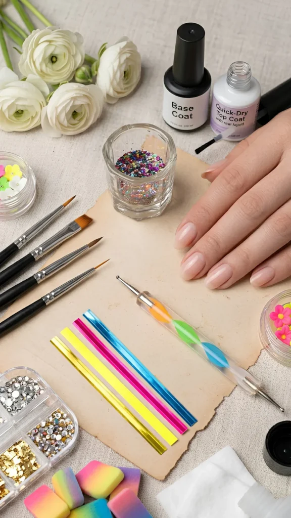 An overhead view of a DIY summer nail art setup. A hand with neatly manicured natural nails rests on aged paper surrounded by tools: a dotting tool, fine nail art brushes, metallic striping tapes in blue, pink, and yellow, various rhinestones, colorful miniature flowers, rainbow sponges, white flowers, a base coat, and a top coat.