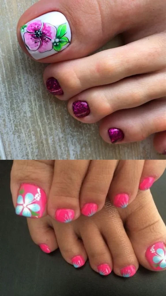 A two-panel image showing floral pedicures. The top panel features a big toe nail with a hand-painted pink flower on a white base, while the smaller toes are coated in a matching deep magenta glitter polish. The bottom panel displays a bright hot pink pedicure on both feet, adorned with light blue and white hibiscus floral designs.