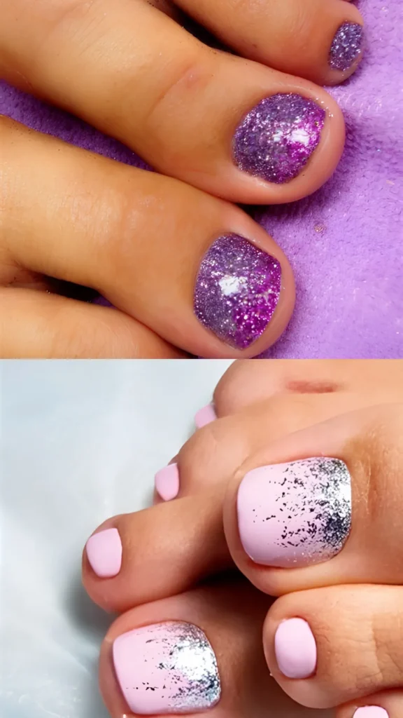 A two-panel image showing sparkling glitter pedicure designs. The top panel captures a close-up of toenails fully coated in a dense, shimmering purple and magenta glitter polish. The bottom panel highlights a minimalist soft baby pink pedicure featuring an elegant gradient of textured silver and black glitter cascading from the cuticles.