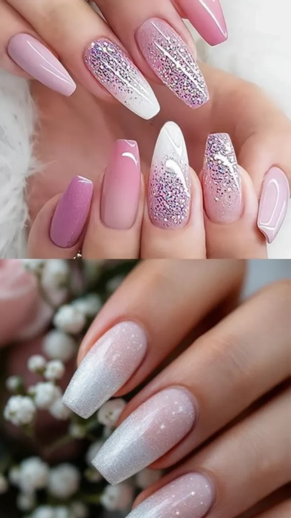 A two-panel display of sparkling pink and white bridal nails. The top panel shows long coffin nails with a mix of solid mauve, pink-and-white ombre, and heavy purple-silver glitter encapsulation. The bottom panel features a soft, shimmering frosted pink-to-white glitter ombre on coffin-shaped nails.