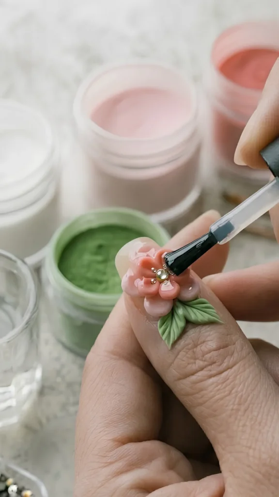 A close-up shot of a nail polish brush applying a clear, glossy top coat over a fully sculpted 3D pink flower with green leaves and a central rhinestone on a nail. Open jars of green, white, and pink acrylic powders are visible in the background.