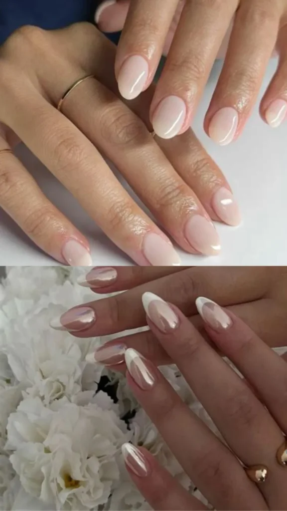 A two-panel image showing elegant wedding nail designs. The top panel showcases clean, round nails with a translucent, high-gloss milky-white polish for a timeless, minimalist look. The bottom panel features almond-shaped nails with a metallic, pearlescent chrome French manicure against a backdrop of white flowers.